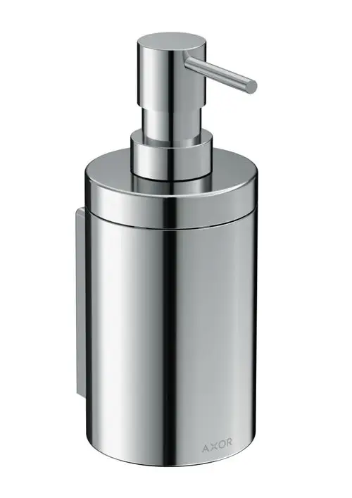 Chromfarbener Lotionspender mit Pumpmechanismus, an der Wand montiert. Hersteller ist AXOR. Das Design ist schlicht und funktional.